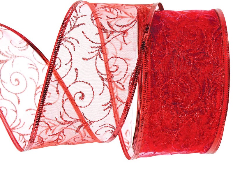 OLYPHAN Red Gift Ribbon Wired Christmas Wire Edged Ribbons 2.5 Inches Wide x 50 Yards for Xmas Tree Organza Sheer Glitter Gift Wrap, Crafts, Decor, Holiday Wrapping/Craft & Flowers Valentines Day Large Roll - Image 2